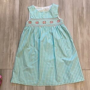 Beebay Aqua Gingham and Smocked Pink Flower Dress with Flowers, Girls size 7